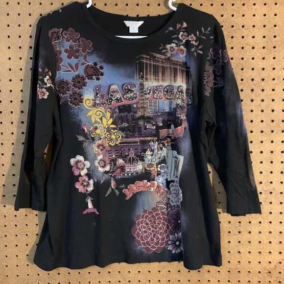 Y2K Las Vegas Top Christopher & Banks XL Vintage 90s Mom Retro Embellished Black - Picture 1 of 6